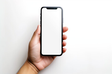 A hand is holding a modern smartphone with a blank white screen, isolated on a white background.