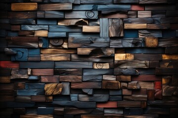 Poster - Acoustic wall constructed entirely out of wooden planks. The natural wood grain and earthy tones provide a rustic and cozy ambiance
