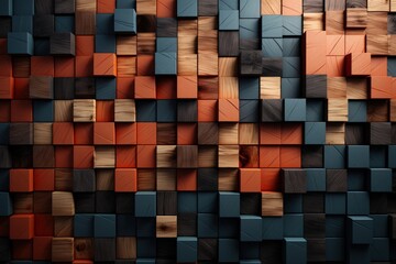 Fototapete - A striking display of a wall composed of wooden blocks in various colors, arranged in a cohesive yet eclectic pattern. Each block contributes to a colorful and dynamic visual experience