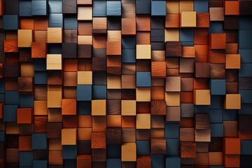 Aufkleber - wall constructed entirely of wooden blocks. The blocks are arranged in an abstract pattern, creating a unique and artistic display