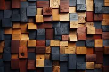 Aufkleber - A vibrant and eye-catching wall art installation made of wooden blocks in various colors, creating a beautiful mosaic pattern