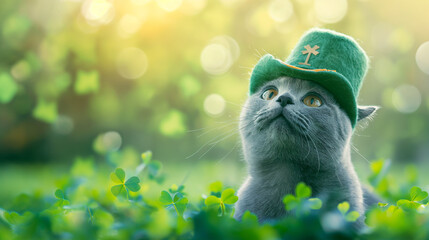 Cute British shorthair cat wearing St. Patrick's Day cat looking up in clover field with copy space, St Patrick Day cards, celebration background.