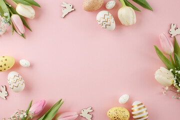 Wall Mural - Decorate for a joyous Easter. Top view composition of colorful eggs, fresh tulips, cute easter bunnies on light pink background with ad panel