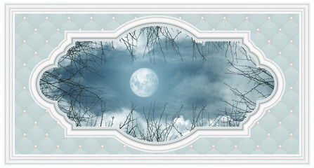 Classic style stretch ceiling model. Night sky and shining full moon. 3D decorative frame. Ceiling painting art image.