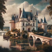 Scenic View Of A Elegant Magnificent Medieval Chateau Renaissance Palace With Semi-Circular Towers In Loire Valley, France With A Bridge Over Moat River Water Leading To Front Door Gates Walled Town