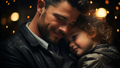 Wall Mural - A loving father and son embrace, radiating joy and togetherness generated by AI