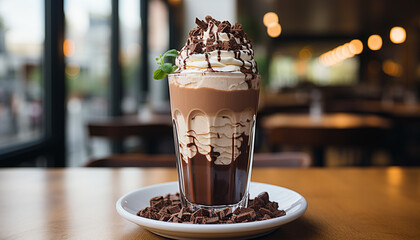 Wall Mural - A gourmet dessert creamy chocolate milkshake on wooden table generated by AI