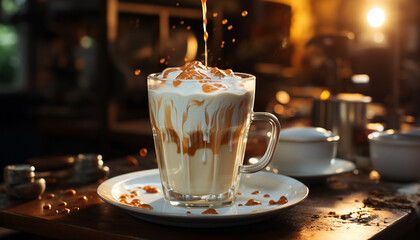 Sticker - Freshly brewed coffee on wooden table, a perfect morning indulgence generated by AI