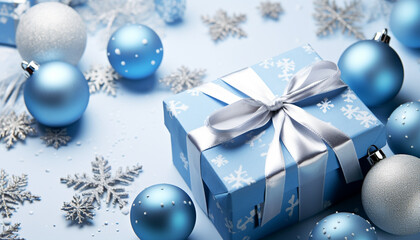 Wall Mural - Blue snowflake decoration on shiny Christmas ornament background generated by AI