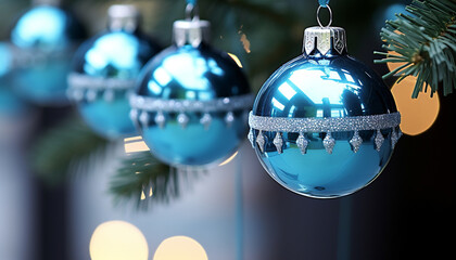 Sticker - Shiny blue ornament hanging on a Christmas tree generated by AI