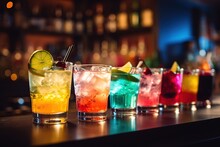 Different Alcohol Cocktails On Bar Counter
