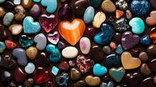 A Brown Background With A Display Of Gemstones And Hearts That Is Brightly Colored