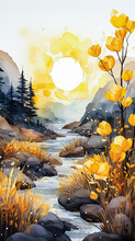 Watercolor Painting Of A River In A Mountain Valley Flowing Between Rocks With Yellow Flowers, Poster Art.