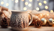 Wooden table with hot coffee, cozy winter celebration generated by AI