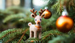 Cute animal decorating Christmas tree with shiny gift generated by AI