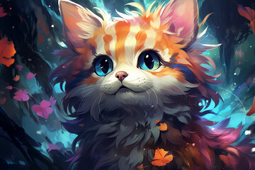  A playful anime kitten with oversized eyes and a mischievous grin, rendered in lively colors and whimsical details.