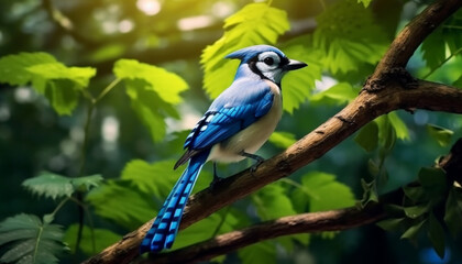 Canvas Print - A colorful bird perching on a branch in the forest generated by AI