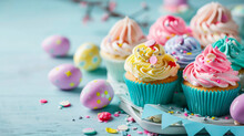 Easter Sweets. Colorful Cream Cupcakes, Candy And Colored Easter Eggs On Blue Background. Conceptual Symbols Of Easter. Copy Space.