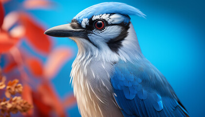 Poster - Blue macaw perched on branch, feathers vibrant, looking at camera generated by AI