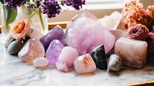 A Marble Countertop Features Healing Crystals Made Of Rose Quartz And Amethyst