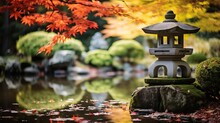 A Japanese Garden Has A Small Island And A Stone Lantern On It.