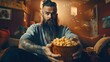Young man with beard and tattoos eating popcorn