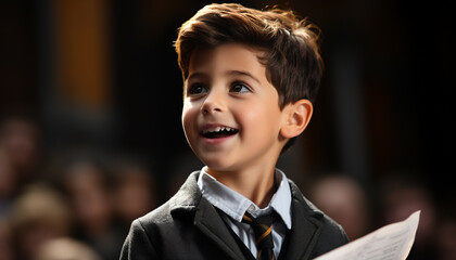 Poster - A cheerful schoolboy studying with confidence, looking at the camera generated by AI