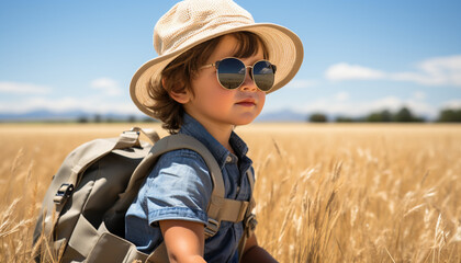 Sticker - A smiling child in sunglasses enjoys a summer adventure outdoors generated by AI