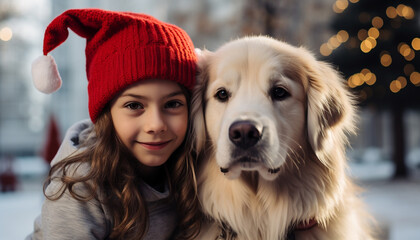 Sticker - Smiling Caucasian child embraces cute dog outdoors generated by AI