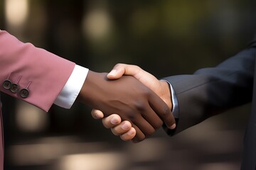 Close-up image of two business people shaking hands while standing outdoors