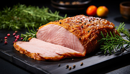 Canvas Print - Freshly cooked pork steak on rustic wooden table generated by AI