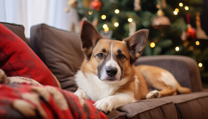 Poster - Cute dog sitting on sofa, looking at Christmas tree generated by AI