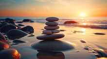 The Beach Is Adorned With Zen Stones For Sunrise Light Meditation And Relaxation.