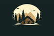 Cute wooden camping cabin in pine forest, nice vector illustration postcard