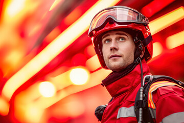 Wall Mural - Bold red uniform scheme, a dynamic background with a bold red color, firefighter's uniform.