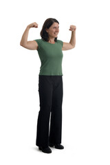 Wall Mural - view of a woman showing her biceps with both arms raised on white background