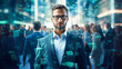 Blurred handsome young businessman with glasses and a beard standing in front of a crowd of business people.