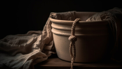 Poster - Wooden bowl on rustic table with textile rope decoration generated by AI