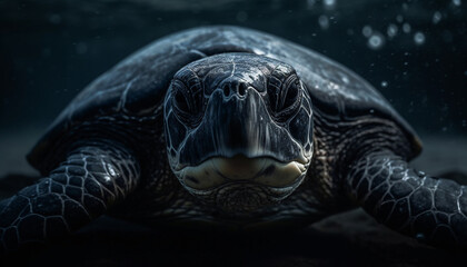 Wall Mural - Close up portrait of a slow sea turtle swimming underwater generated by AI