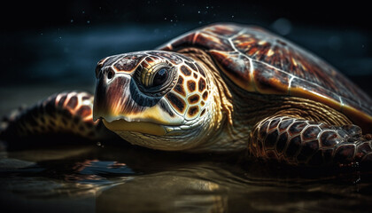 Poster - Turtle swimming underwater, its shell spotted with multi colored beauty generated by AI