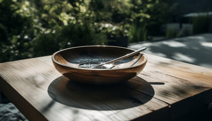 Wall Mural - Wooden table with a bowl of food, surrounded by nature generated by AI