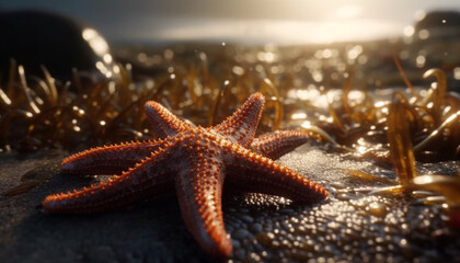 Sticker - Starfish in nature, close up on sand, star shape underwater generated by AI