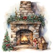 Christmas firelplace with decoration watercolor illustration