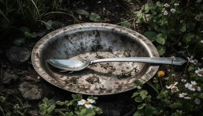 Wall Mural - Freshness in nature, a dirty spoon on an old metal plate generated by AI