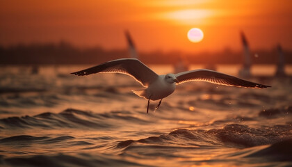 Poster - Seagull flying at sunset, nature beauty in freedom and tranquility generated by AI