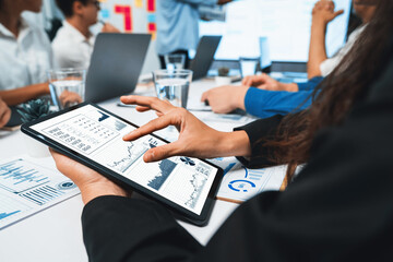 Aufkleber - Analyst team uses BI Fintech display tablet to analyze financial data . Business people analyze BI software technology dashboard power for insights power into business marketing planning. Prudent