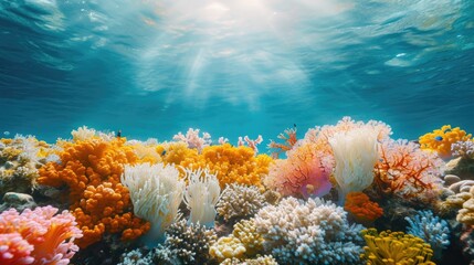 Wall Mural - Marine Ecosystem, Coral Reefs Affected by Microplastics, Underwater Shot, Serene, Natural Underwater Light, Vibrant Corals