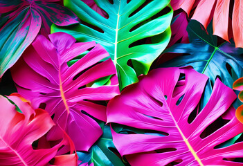 Wall Mural - Creative fluorescent color layout made of tropical leaves. Light Play with tropical leaves.