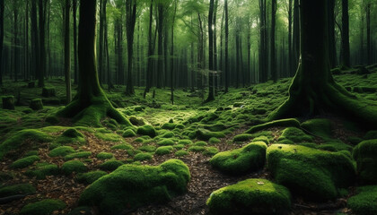 Sticker - Tranquil scene of a lush green forest, untouched by humans generated by AI