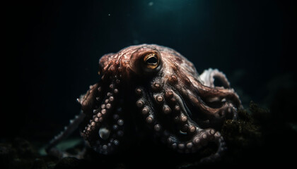 Poster - Underwater, close up of a wet octopus in the tropical sea generated by AI